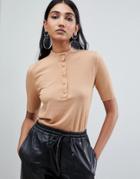 Mango Ribbed Button Detail Sleeve Top In Beige - Beige