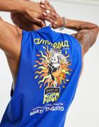 Asos Design Tank With Amnesia Ibiza Vintage Poster Graphic Print In Blue-blues