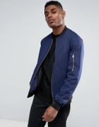 Asos Cotton Bomber Jacket With Sleeve Zip In Blue - Blue