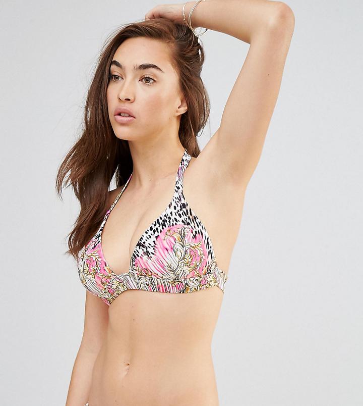 Asos Fuller Bust Exclusive Golden Glamour Print Plunge Bikini Top Dd-g - Multi