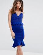 Lipsy Peplum Pencil Dress With Crochet Lace Bodice - Blue