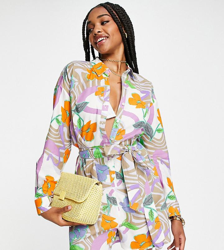 Asos Design Tall Belted Shirt Beach Romper In Swirl Floral Print-multi