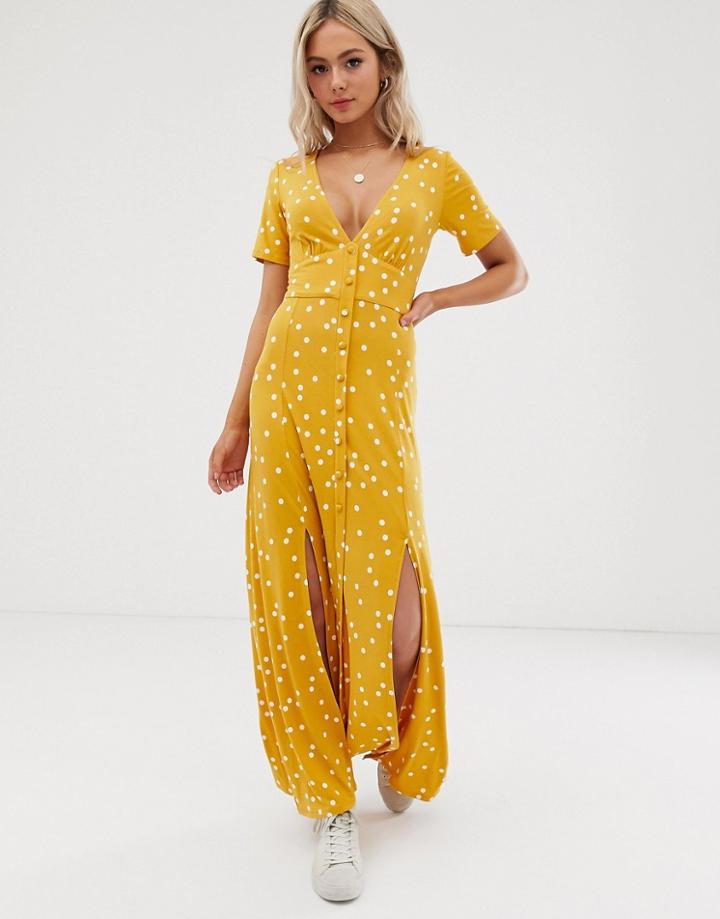 Asos Design Button Through Maxi Tea Dress With Splits In Polka Dot - Multi