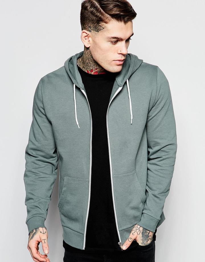 Asos Zip Up Hoodie In Washed Green - Dark Gray