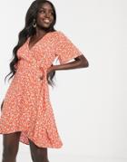 Nobody's Child Wrap Front Skater Dress In Orange Daisy Print