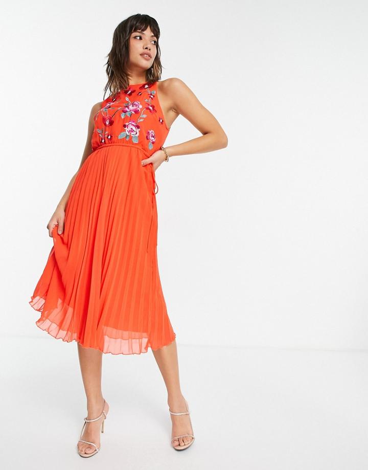 Asos Design Pleated Midi Dress With Embroidery In Red