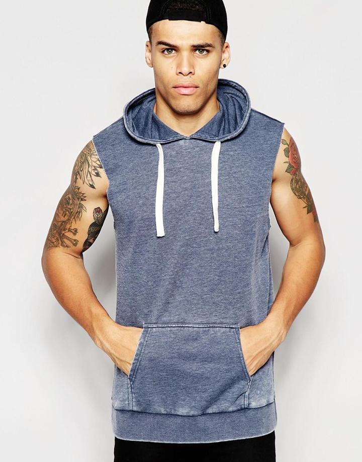 Another Influence Burn Out Cap Sleeve Muscle Fit Hoodie - Blue