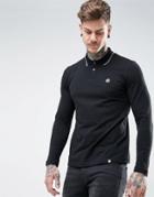 Pretty Green Barton Long Sleeve Pique Polo In Black - Black