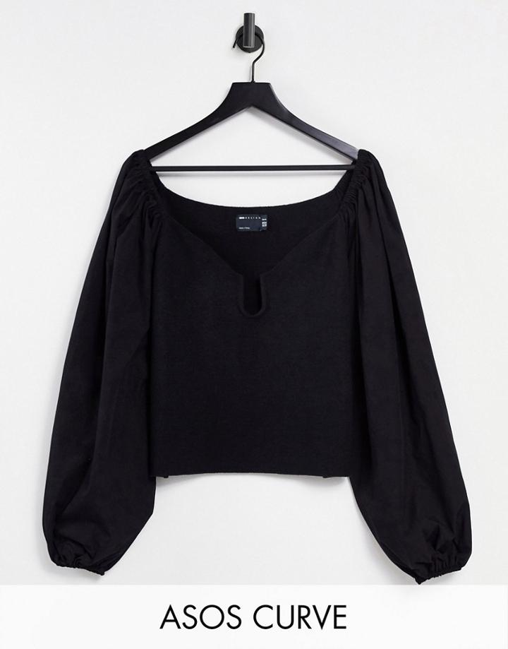 Asos Design Curve Sweater With Plunge Neck And Woven Sleeves In Black
