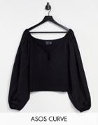 Asos Design Curve Sweater With Plunge Neck And Woven Sleeves In Black