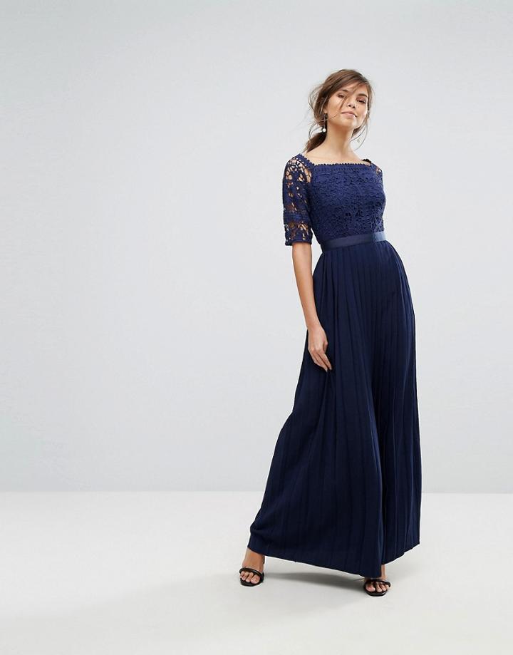 Little Mistress Off Shoulder Lace Maxi Dress With Pleated Skirt - Navy