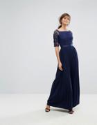 Little Mistress Off Shoulder Lace Maxi Dress With Pleated Skirt - Navy