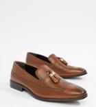 Asos Design Wide Fit Brogue Loafers In Tan Leather With Gold Tassel Detail - Tan
