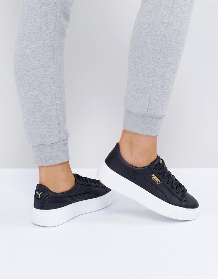 Puma Leather Basket Platform Sneakers In White - White