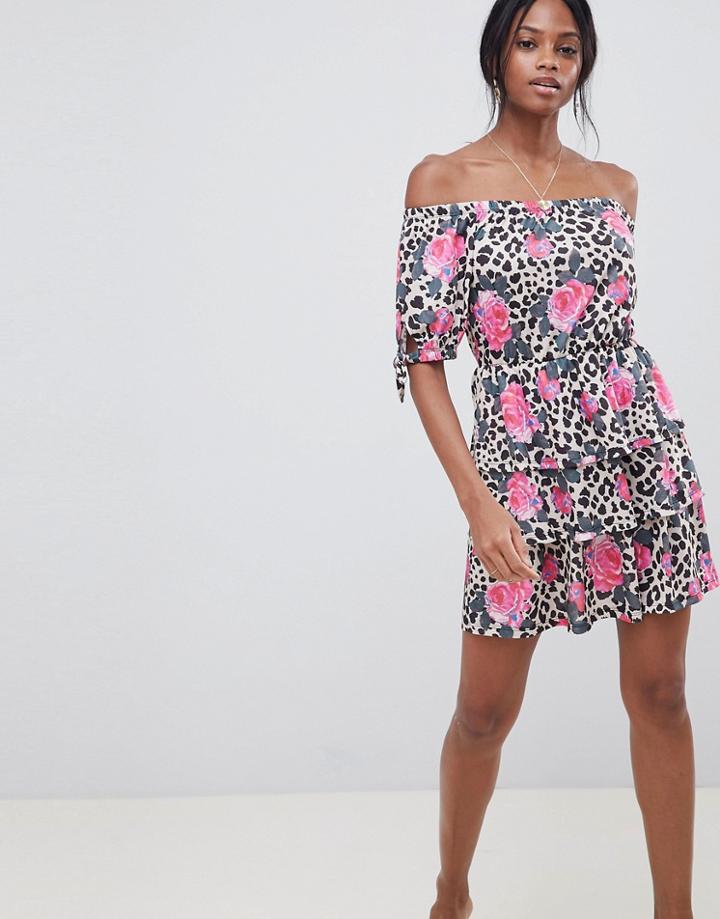 Asos Design Off Shoulder Sundress With Layered Skirt In Mixed Print-multi
