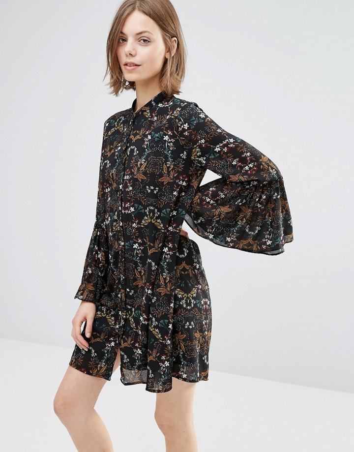 Style London Smock Dress With Fluted Sleeves - Black Multi