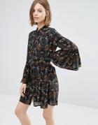 Style London Smock Dress With Fluted Sleeves - Black Multi