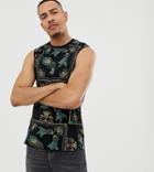 Asos Design Tall Sleeveless T-shirt With Dropped Armhole With All Over Bandana Print - Black