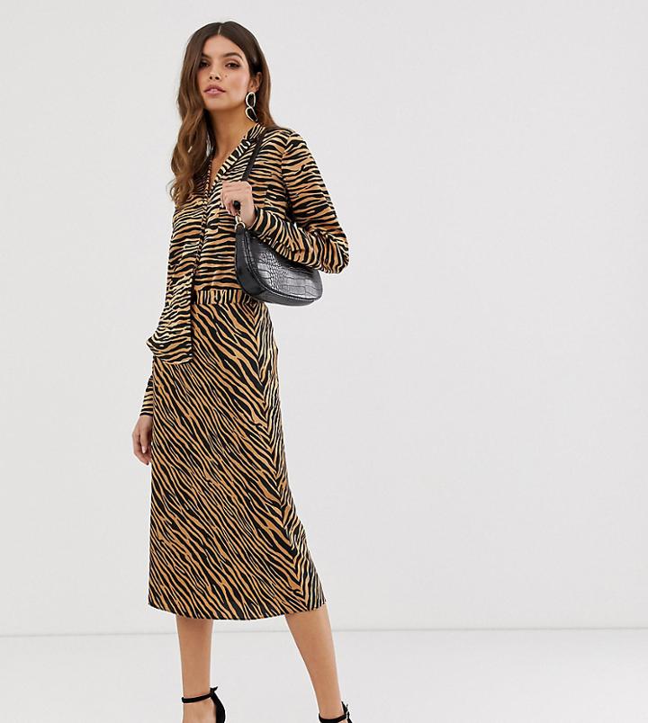 Warehouse Bias Cut Midi Skirt In Tiger Print - Tan