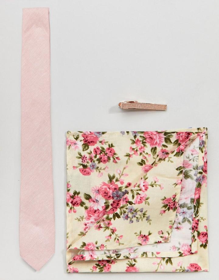 Peter Werth Skinny Tie Pocket Square & Tie Bar - Pink