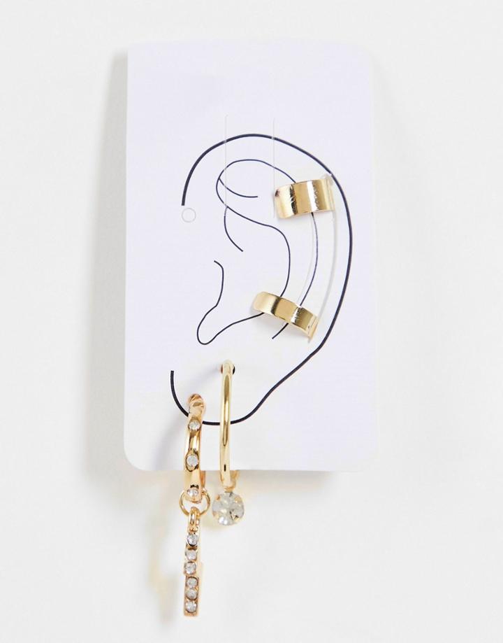 Ashiana Pack Of Huggie And Cuff Earrings With Crystal Details In Gold