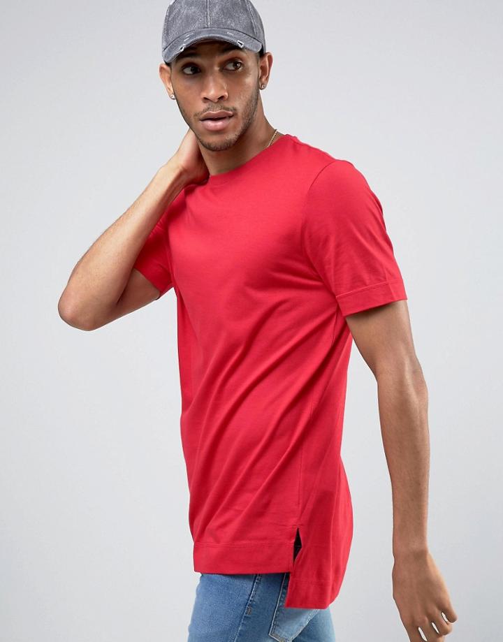 Asos Super Longline T-shirt With Stepped Hem In Red - Red