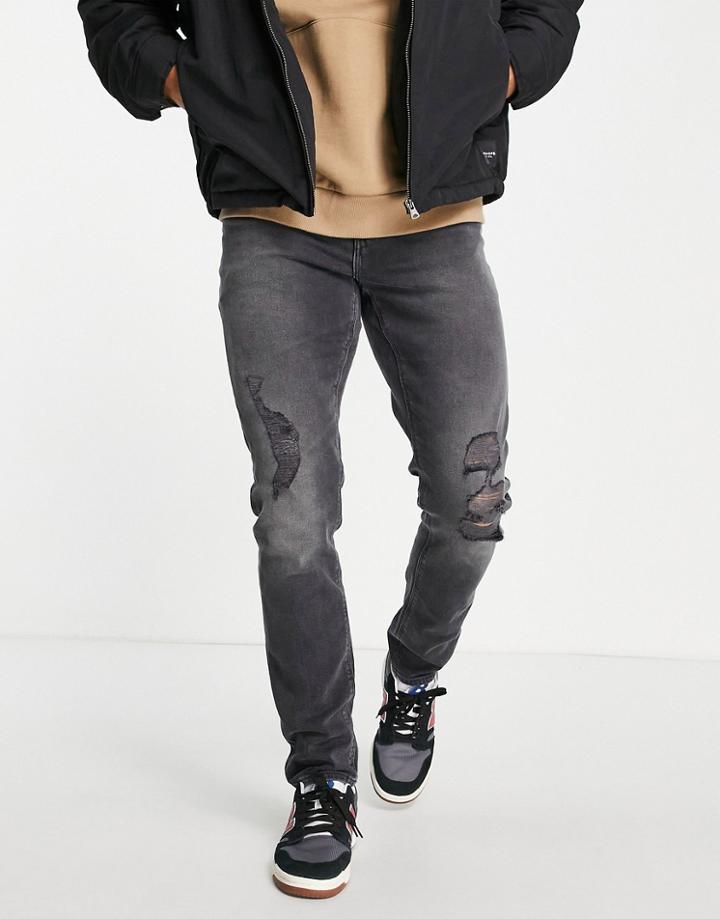 Asos Design Stretch Slim Jeans In Washed Black With Knee Rips