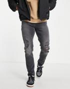 Asos Design Stretch Slim Jeans In Washed Black With Knee Rips
