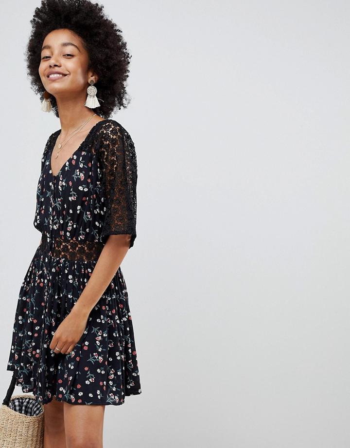 Asos Design Lace Insert Mini Casual Tea Dress In Ditsy Floral - Multi