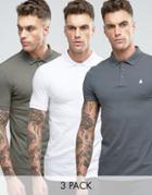Asos 3 Pack Muscle Polo Shirt In White/gray/green - Multi