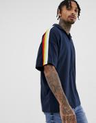Asos Design Oversized Revere Polo Shirt With Rainbow Taping In Navy - Navy