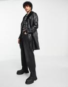 Asos Design Leather Overcoat With Faux Fur Collar In Black