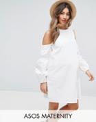 Asos Maternity Denim Shift Dress In White With Puff Sleeve And Cold Shoulder - White