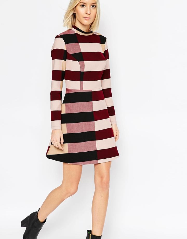 Asos White Funnel Neck Mini Dress In Block Stripe - Multi