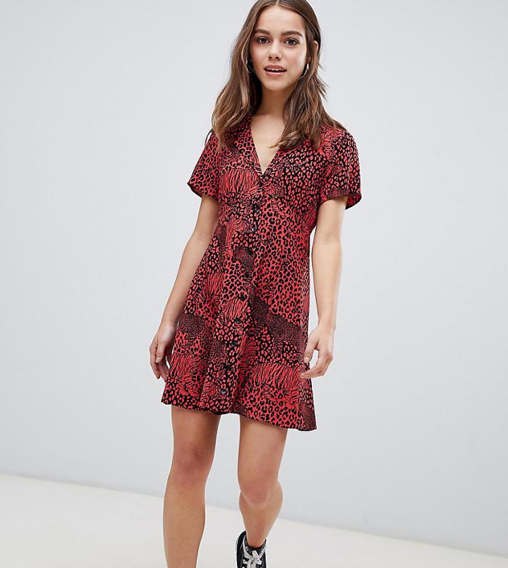Asos Design Petite Button Through Mini Skater Dress In Red Animal Print - Multi