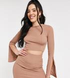 Flounce Tall Slit Sleeve Ribbed Crop Top In Taupe - Part Of A Set-neutral