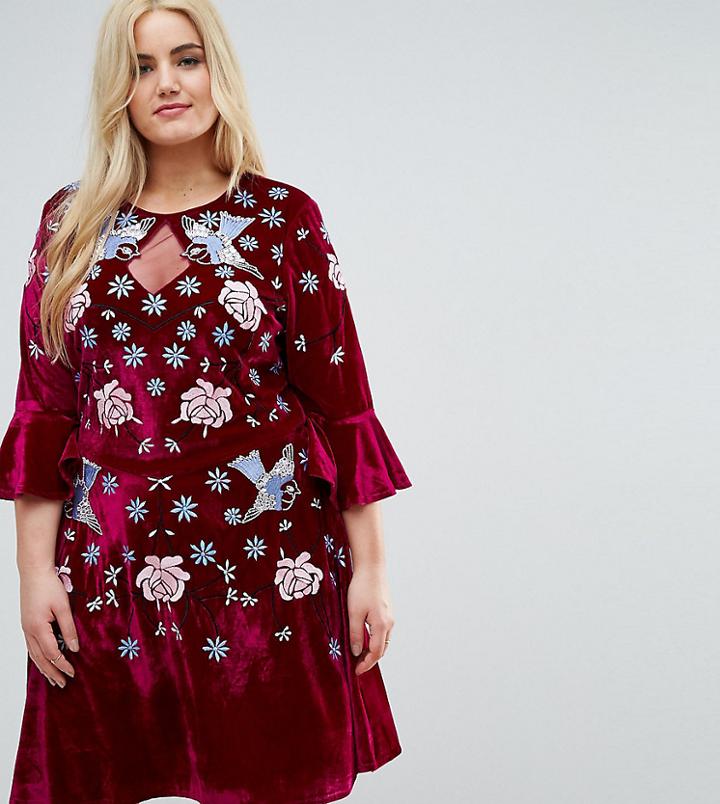 Frock And Frill Plus Allover Premium Embellished Velvet Skater Dress With Peplum Hem - Red