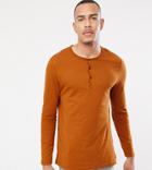 Asos Design Tall Long Sleeve T-shirt With Grandad Neck In Brown - Brown