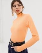Asos Design Ribbed Top With Long Sleeve In Neon Orange - Multi
