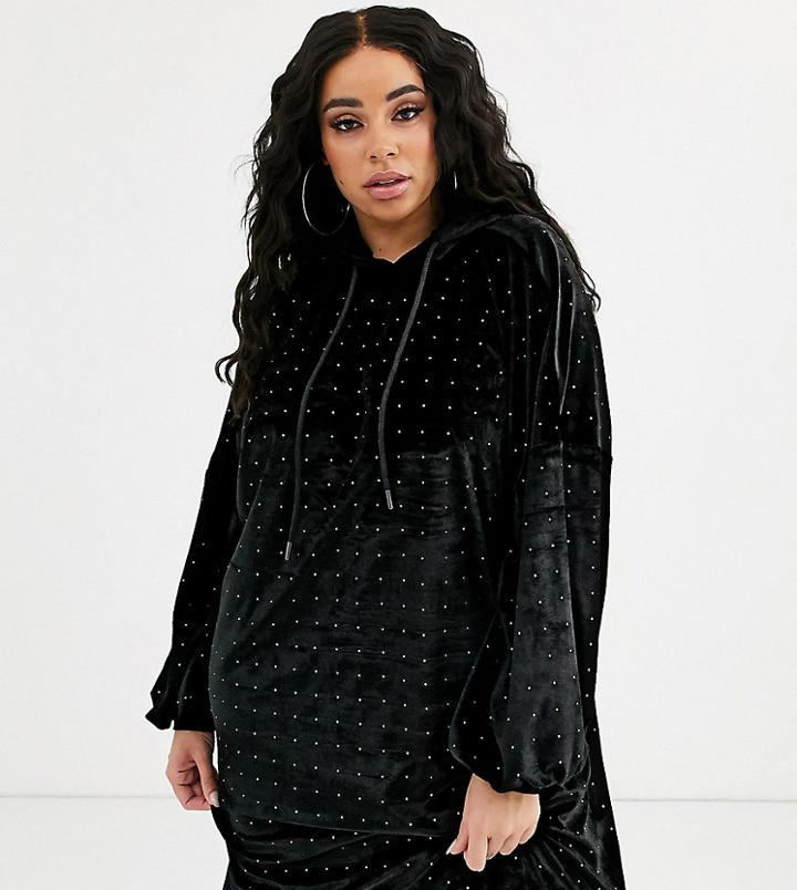 Asos Design Curve Velvet Hoodie Dress With Hotfix Embellishment-black