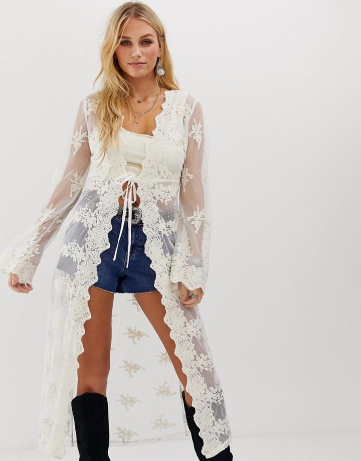 En Creme Maxi Kimono In Lace With Tie Front Detail-cream