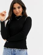 Asos Design High Neck Top With Contrast Stitching In Black