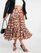 French Connection Aimee Midi Tiered Circle Skirt In Orange Brown Flowers