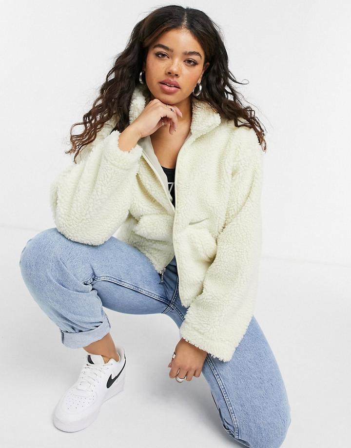 Nike Cropped Borg Fleece Jacket In Cream-white