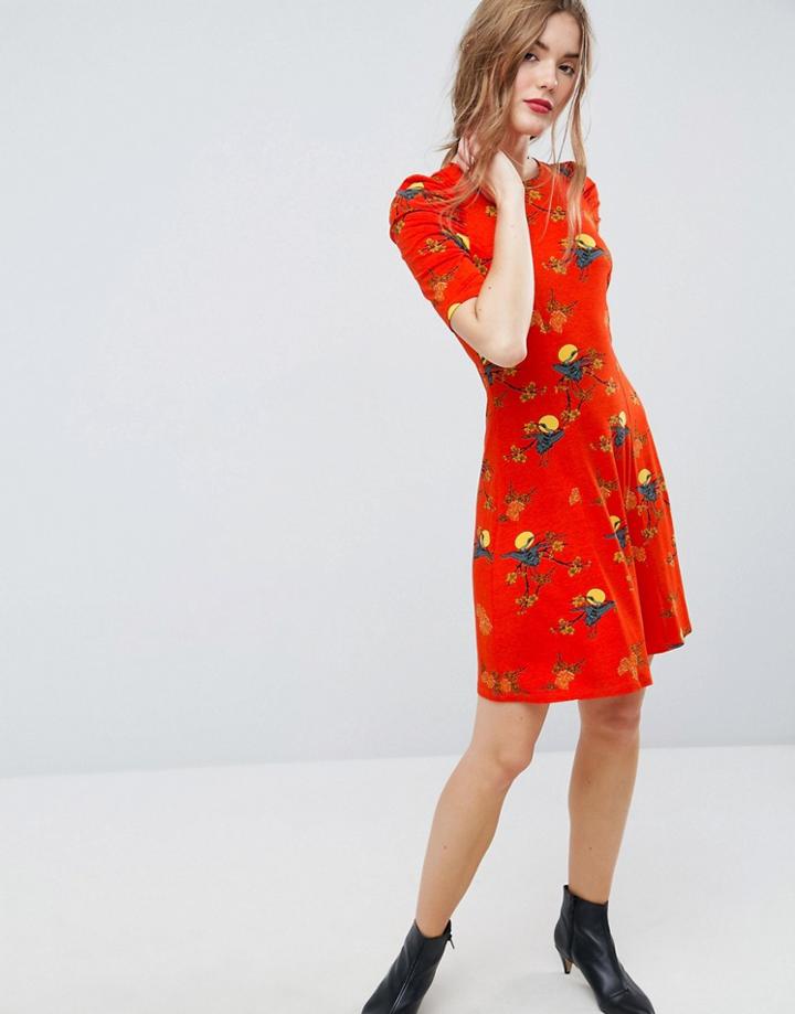 Asos Mini Tea Dress With Ruched Shoulders In Bird Print - Multi