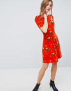 Asos Mini Tea Dress With Ruched Shoulders In Bird Print - Multi