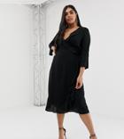 Outrageous Fortune Plus Ruffle Wrap Dress With Fluted Sleeve In Black
