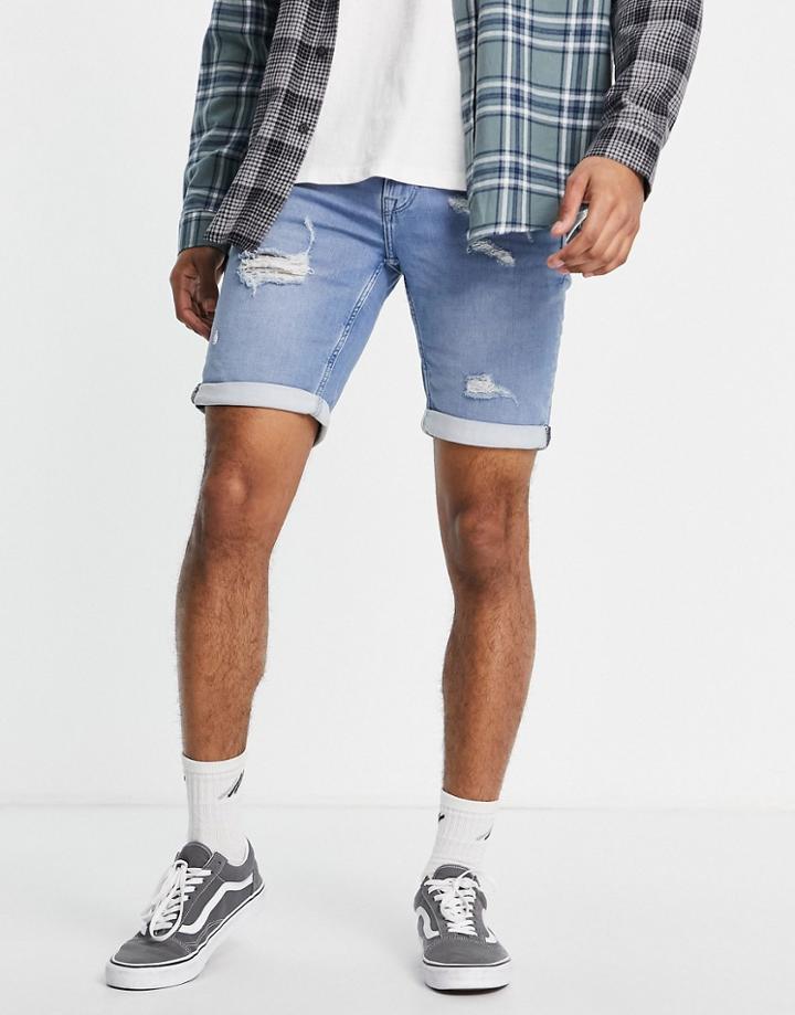 Only & Sons Slim Denim Shorts With Rips In Light Blue-blues