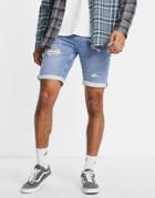 Only & Sons Slim Denim Shorts With Rips In Light Blue-blues