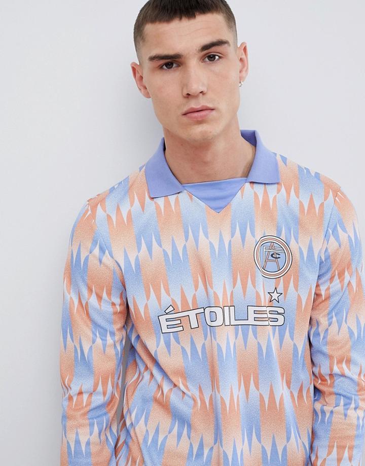 Asos Design Long Sleeve Polo With Soccer Inspired Print And Insert V Neck - Multi